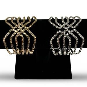 LOT OF 2 Hinged Cuff Bracelets 8.5" Hammered‎ Metal Chunky Costume Stacked